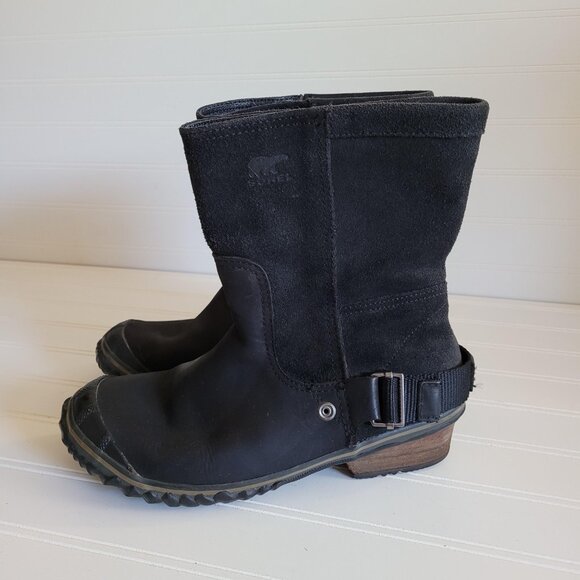 Sorel Slimshortie Boots Size 7 Black Suede and Leather Moto Buckle Pull On - Picture 2 of 14